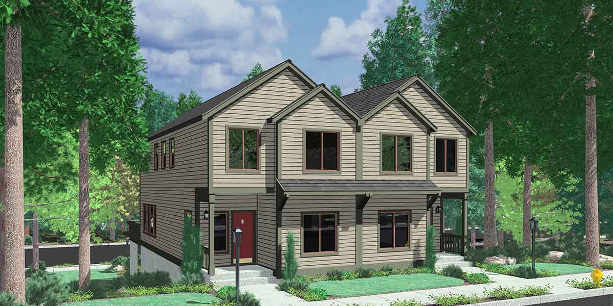 House front drawing elevation view for D-522 Duplex House Plans, D-522, Sloping Lot Plans, View Deck, Duplex House Plans with Basement