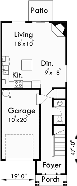 Main Floor Plan for D-507 Narrow lot duplex house plans, two story duplex house plans, 3 bedroom duplex house plans, D-507