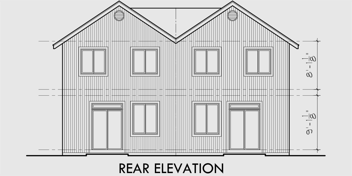 House front drawing elevation view for D-507 Narrow lot duplex house plans, two story duplex house plans, 3 bedroom duplex house plans, D-507