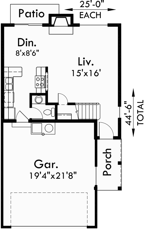 Main Floor Plan for D-477 Wide Duplex Plan With Two Car Garage