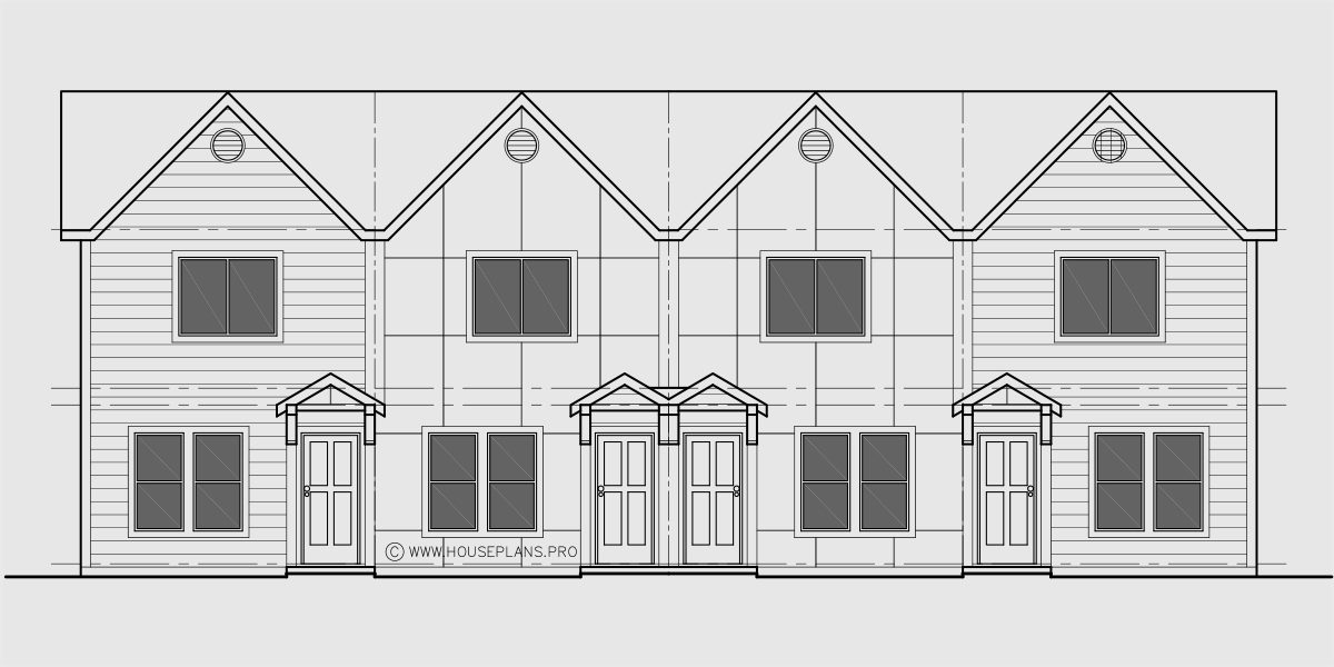 House front drawing elevation view for F-552 4 plex plans, townhome plans, 15 ft wide house plans, narrow lot townhouse plans, F-552