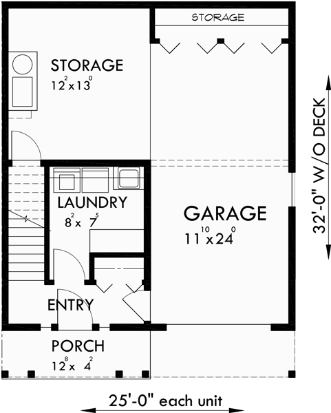 Lower Floor Plan for T-408 Triplex house plans, 3 bedroom townhouse plans, 25 ft wide house plans, narrow house plans, 3 story townhouse plans