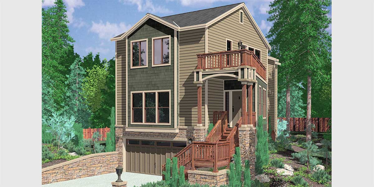 House front drawing elevation view for 10132 Three Level House Plan angled side wall 4 bedrooms bonus room two car garage 4 bathrooms