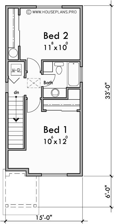 Upper Floor Plan for 10124 Narrow lot house plans, 2 bedroom house plans, 2 story house plans, small house plans, 1flr, 10124b