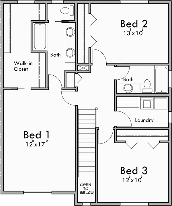 Upper Floor Plan for D-610 Affordable Narrow Duplex House Plan With 3 Bedrooms