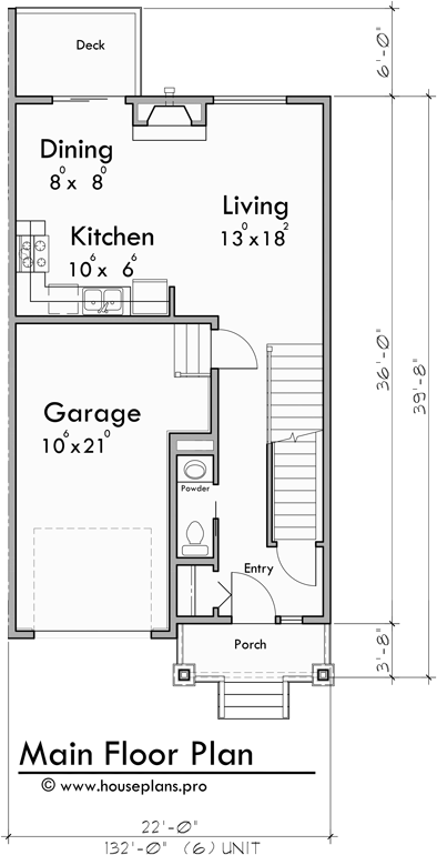 Main Floor Plan for S-742 6 Unit Townhome Design: 3 Bedroom, 2.5 Bath with Basement and 1 Car Garage S-742