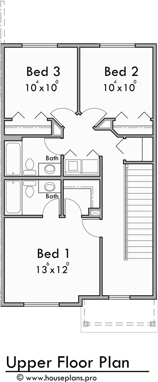Upper Floor Plan for S-742 6 Unit Townhome Design: 3 Bedroom, 2.5 Bath with Basement and 1 Car Garage S-742