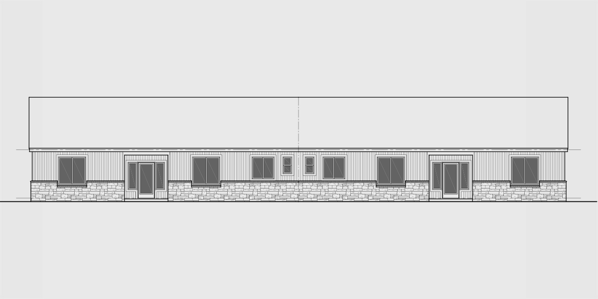 House side elevation view for D-682 Ranch duplex house plan with 2 car garage 3 bedroom 2 bath D-682