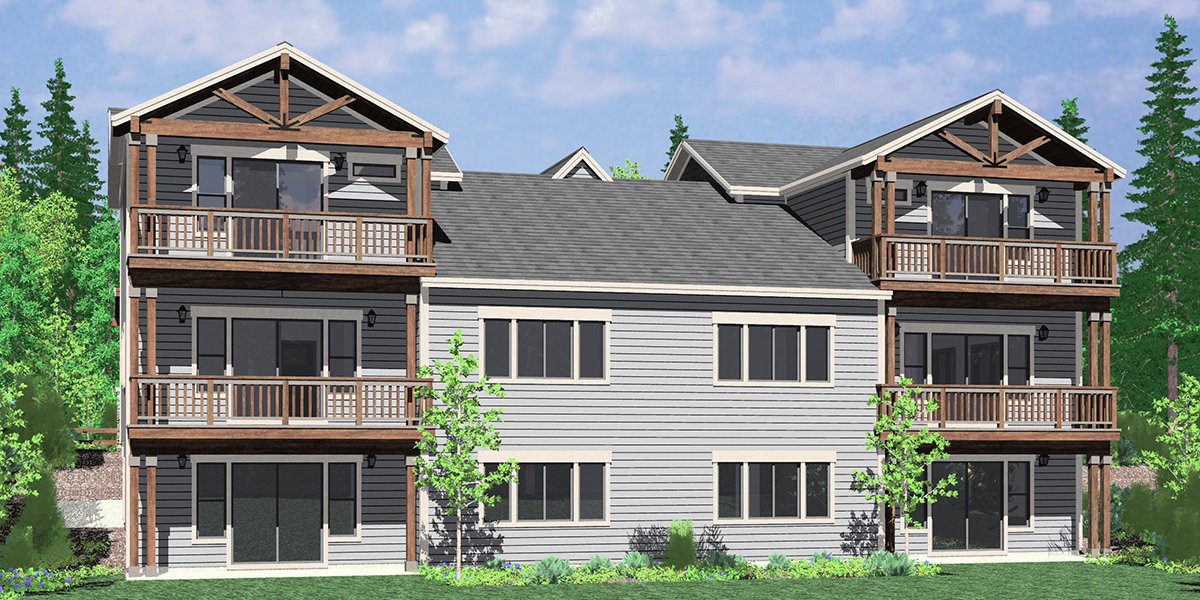 House side elevation view for D-721 Jackson Hole luxury timber framed town house, main floor master, basement D-721