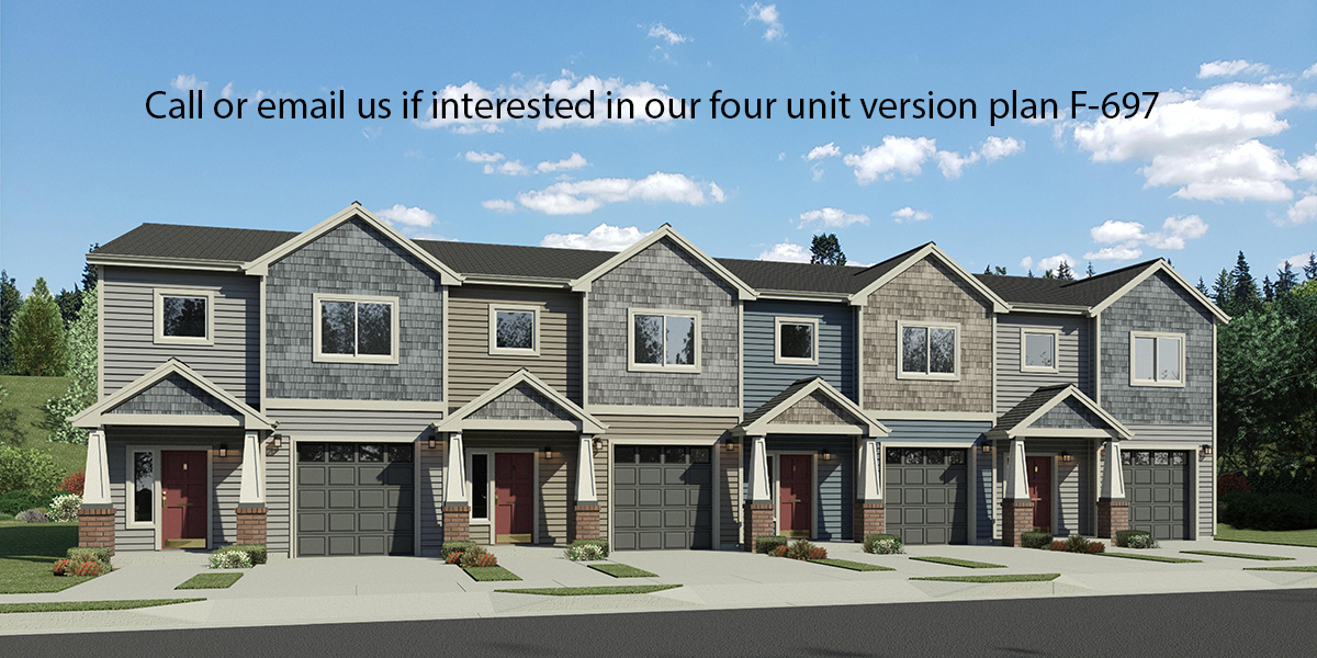 House front drawing elevation view for T-454 Triplex town house plan 3 bedroom 2 & half bath and garage T-454