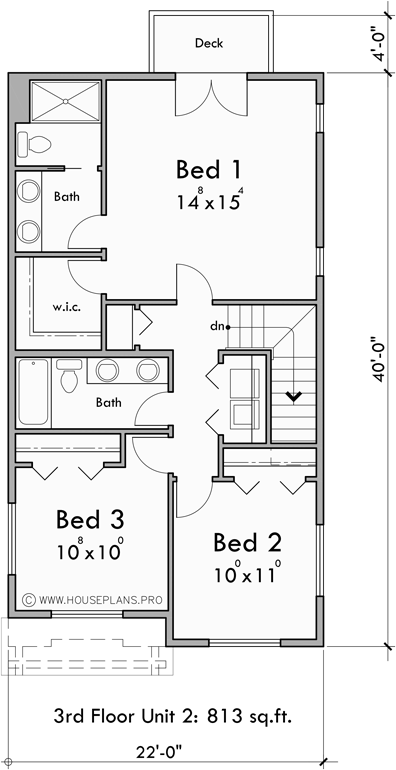 Upper Floor Plan for F-672 Stacked Four Plex House Plan