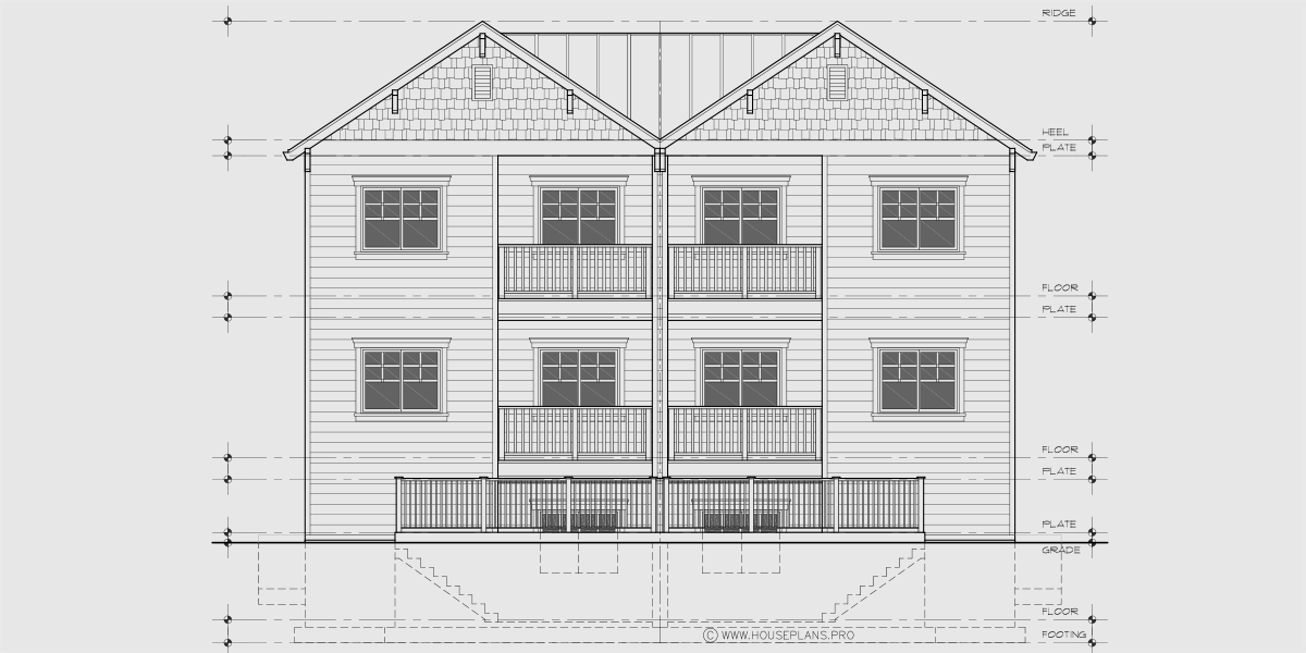 House rear elevation view for S-765 Three stacked units side by side for six total S-765