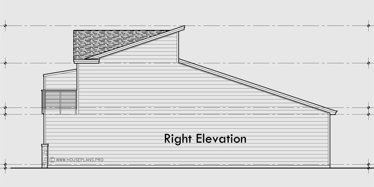 House rear elevation view for T-460 Triplex House Plan, Master Bedroom on Main Floor, Two Car Garage, T-460