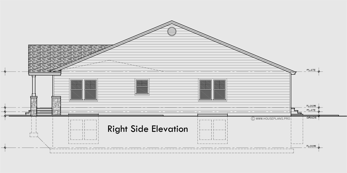 House rear elevation view for D-777 Wheelchair accessible, wide doorways and halls, duplex plan, D-777