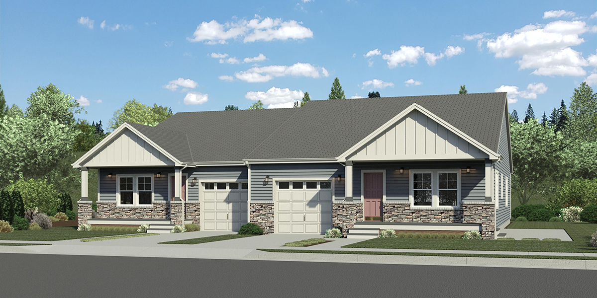 House front drawing elevation view for D-779 Wheelchair accessible wide doorways and halls duplex house plan 