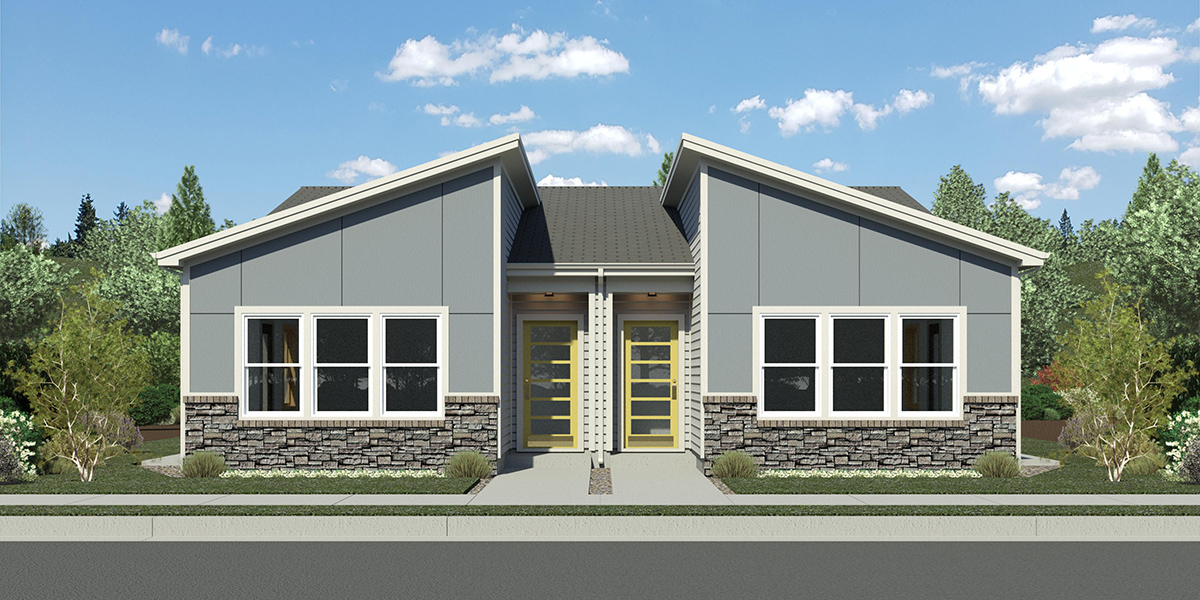 House front color elevation view for D-780 New one story 2 bedroom 2 bath duplex plan