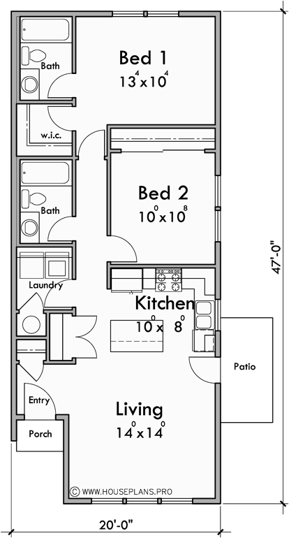Main Floor Plan for D-780 New one story 2 bedroom 2 bath 900 sq. ft. duplex plan