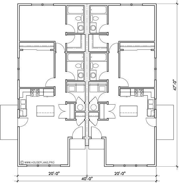 Main Floor Plan 2 for D-780 New one story 2 bedroom 2 bath 900 sq. ft. duplex plan