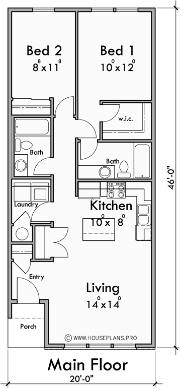 Main Floor Plan for F-698 One level senior town house plan two bedroom two bath