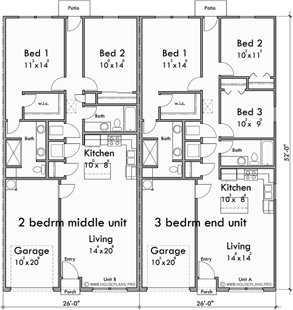 Main Floor Plan for T-466 One level 2 and 3 bedroom town house plan T-466