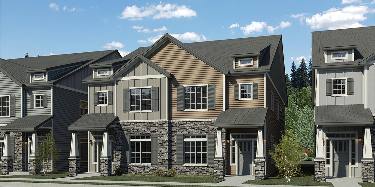 House front color elevation view for D-787 Luxury town house plan 3 bedroom 3.5 bathroom 