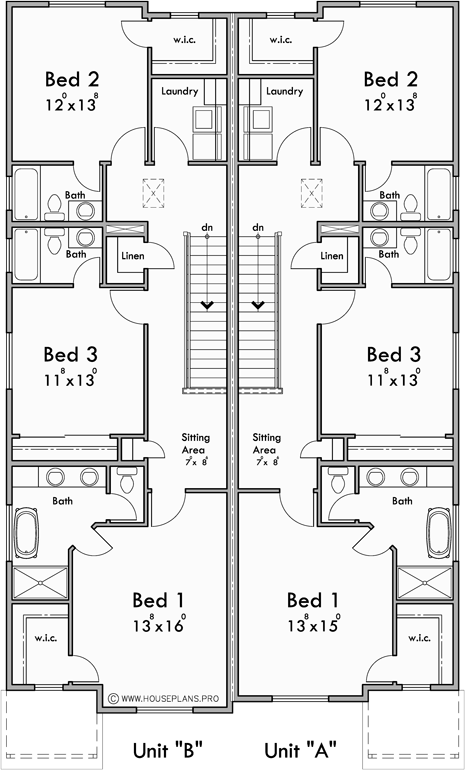 Upper Floor Plan for D-787 Luxury town house plan 3 bedroom 3.5 bathroom 
