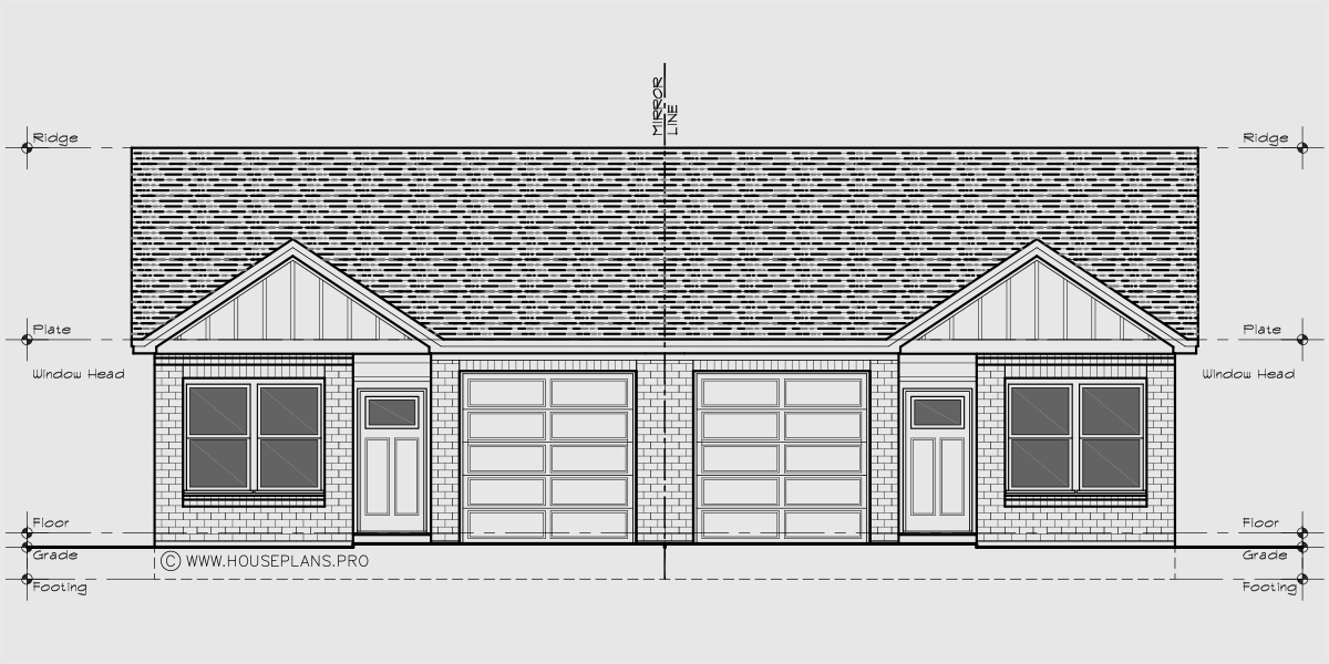 House front drawing elevation view for D-784 Popular one level 3 bedroom duplex plan with garage 